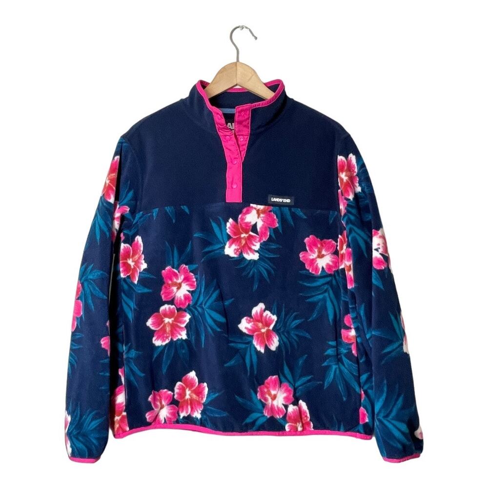 Lands' End Fleece 1/4 Snap Pullover Tropical Hawaiian Large Petite LP Floral